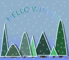 Hola letras de invierno, árboles de Navidad planos pintados de verde de diferentes formas, colores y tamaños y copos de nieve blancos que caen sobre un fondo gris vector