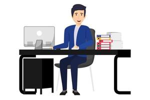 Cute beautiful businessman freelancer character siting on modern home office desk with table chair with some paper pile file folders drawer cabinet isolated vector