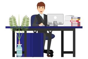 Cute cheerful businessman freelancer character siting on modern home office desk with table chair with some paper pile file folders with house plants isolated vector