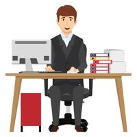 Cute beautiful cheerful businessman freelancer character siting on modern home office desk with table chair with some paper pile file folders drawer cabinet isolated vector