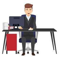 Cute businessman freelancer character siting on modern home office desk with table chair with some paper pile file folders drawer cabinet isolated vector