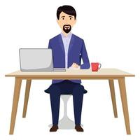 Cute businessman freelancer character siting on modern home office desk with table chair coffee cup with pc laptop computer vector