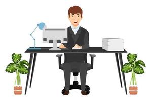 Cute cheerful businessman freelancer character siting on modern home office desk with table chair table lamp pc computer with some paper pile file folders with house plants vector