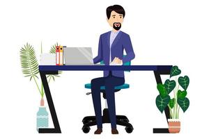 Cute businessman freelancer character siting on modern home office desk with table chair table lamp pc laptop computer with some paper pile file folders with house plants vector