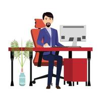 Lindo personaje de empresario autónomo hermoso emplazamiento en el moderno escritorio de la oficina en casa con silla de mesa con plantas de interior aisladas vector