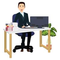 lindo empresario autónomo personaje ubicado en un moderno escritorio de oficina en casa con mesa, silla, lámpara de mesa con algunas carpetas de archivos de pila de papel con plantas de la casa aisladas vector