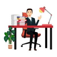 lindo empresario independiente ubicado en un moderno escritorio de oficina en casa con mesa, silla, lámpara de mesa con algunas carpetas de archivos de pila de papel con plantas de interior vector