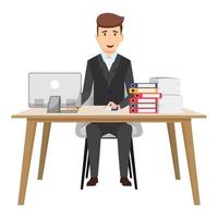 Cute businessman freelancer character siting on modern home office desk with table chair with some paper pile file folders vector