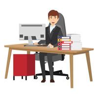 Cute businessman freelancer character siting on modern home office desk with table chair with some paper pile file folders drawer cabinet vector