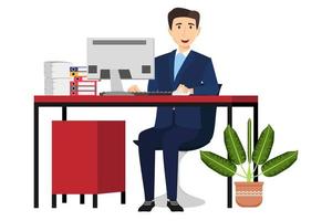 Businessman freelancer sitting on cute beautiful modern desk with office shape table  and chair drawer cabinet pc computer with some paper pile file folders house plants isolated vector