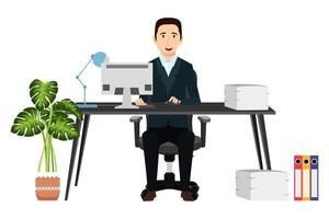 Businessman freelancer sitting on cute beautiful modern desk with office shape table  and chair table lamp pc computer with some paper pile file folders house plants with cheerful expression vector