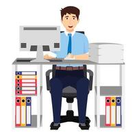 Businessman freelancer sitting on cute beautiful modern desk with office shape table  and chair pc laptop computer with some paper pile file folders with cabinet vector