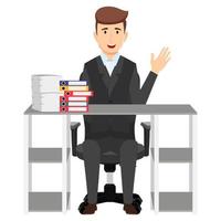 Businessman freelancer sitting on cute beautiful modern desk with office shape table  and chair with some paper pile file folders and waving vector