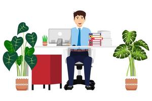 Businessman freelancer sitting on cute beautiful modern desk with office shape table  and chair drawer cabinet pc computer with some paper pile file folders house plants vector