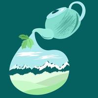 tetera con hojas de té y paisaje de la montaña vector