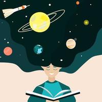 una niña lee un libro e imagina el espacio vector