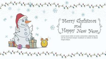 navidad y año nuevo ilustración para el diseño saludo inscripción en un marco un muñeco de nieve con un sombrero de santa claus se encuentra entre los regalos vector