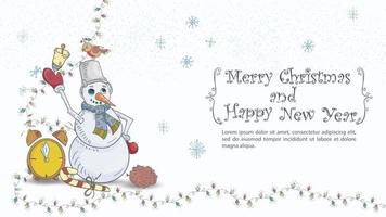 Ilustración de navidad y año nuevo para la inscripción de diseño felicitaciones en un marco un muñeco de nieve con un cubo en la cabeza hace sonar una campana que está al lado del despertador vector