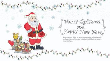 Christmas and New Years illustration for the design inscription congratulations in a frame Santa Claus is standing next to a large pile of gifts vector