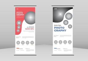 fotografía enrollable diseño de banner, servicios de fotografía roll up banner, diseño de banner de fotografía digital, servicio de fotógrafo profesional, folleto de dl, diseño de banner enrollable de negocios de tendencia vector