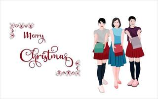 Tres linda chica asiática con paquete de regalo, chicas lindas con ilustración de personaje de vector de caja para diseños navideños.