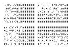 Pixel disintegration, decay effect. Various rectangular elements made of square shapes. vector