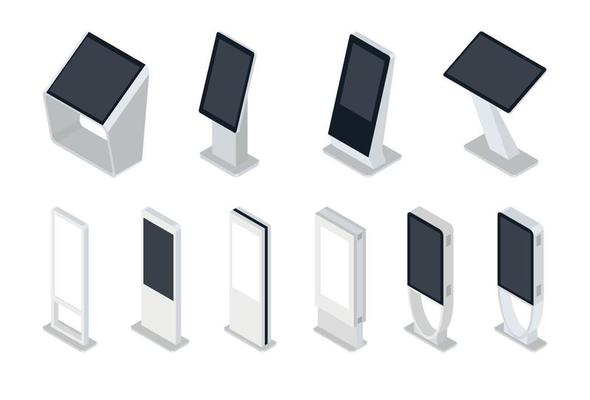 Set of Isometric Interactive Information Kiosks, Advertising Display, Terminal Stand