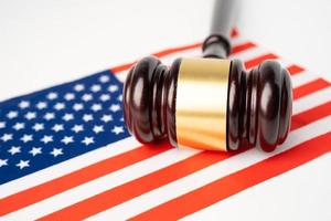 USA America flag country with gavel for judge lawyer. Law and justice court concept. photo