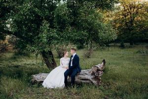 the groom and the bride are walking in the forest near a narrow river photo