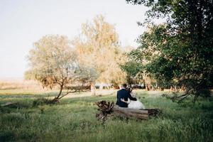 the groom and the bride are walking in the forest near a narrow river photo