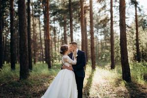 the bride and groom are walking in a pine forest photo