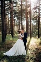 the bride and groom are walking in a pine forest photo