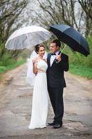 bride and groom on a rainy wedding day walking