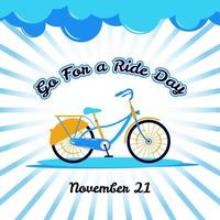 ir a dar un paseo en el fondo del día. 21 de noviembre. Tarjeta de felicitación, carta, póster o pancarta premium y de lujo. con ilustración de vector de icono de bicicleta, bicicleta y nube