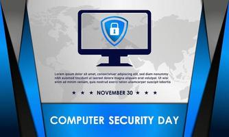 Fondo del día de la seguridad informática. 30 de noviembre. Tarjeta de felicitación, carta, póster o pancarta premium y de lujo. con un vector de icono de signo de monitor, computadora personal, escudo y candado