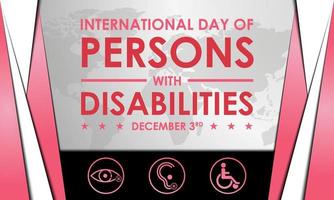 día internacional de las personas con discapacidad. 3 de diciembre. Fondo premium y de lujo, tarjeta de felicitación, carta, póster o pancarta. con tierra, silla de ruedas y vector de icono de signo de discapacidad