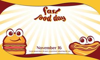 Fondo del día de la comida rápida. 16 de noviembre. tarjeta de felicitación, banner, ilustración vectorial. con el icono de hamburguesa, hot dog y hamburguesa. diseño premium y de lujo vector