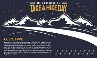 Take A Hike Day. November 17. Rubber stamp, background, label, poster, greeting card, letter, banner, vector illustration. With mountain icon. Premium and luxury design