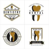 conjunto de estilo retro vintage para el diseño del logotipo del dentista. con iconos de dientes en colores oro, blanco y negro. plantilla de logotipo premium y de lujo vector