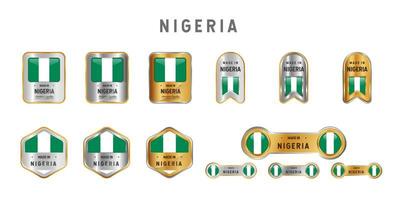 Made in Nigeria Label, Stamp, Badge, or Logo. With The National Flag of Nigeria. On platinum, gold, and silver colors. Premium and Luxury Emblem vector