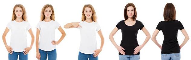 T-shirt set. Front and back view Brunette and Blonde in white and black t shirt isolated. Two girl in blank shirt, Mock up, Collage, Copy space, Template photo