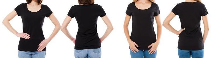 Two woman in black t-shirt cropped image front and rear view, t-shirt set, mockup tshirt blank photo