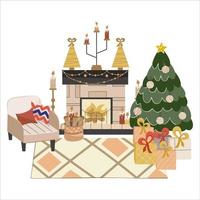 Isolated Scandinavian Christmas interior with fireplace, Christmas tree.Cozy armchair with cushions and woodpile for winter evenings. Carpet and gifts under the tree. Vector illustration.
