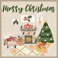 Cozy Christmas living room with Christmas tree, fireplace and Scandinavian style armchair postcard or poster with inscription. New Year's decorations, garlands, gifts.Vector illustration in flat style vector