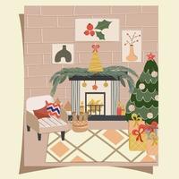 Cozy Christmas living room with Christmas tree, fireplace and Scandinavian style armchair on a postcard or poster. New Year's decorations, garlands, socks and gifts.Vector illustration in flat style vector