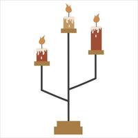 Christmas candles in candelabra with dripping wax isolated on white background.Candlestick with wood inserts. Vector illustration in a flat style