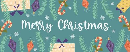 banner retro de fondo de navidad con texto feliz navidad y regalos, juguetes, ramas de abeto. cubierta con copos de nieve, juguetes. felicitaciones festivas. ilustración vectorial vector
