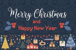 Banner escandinavo navideño con texto feliz navidad y patrones sobre un fondo oscuro. árboles, casas, guirnaldas para la ilustración de vector interior festivo con acebo y elementos de decoración en estilo plano.