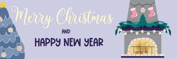 Christmas banner with text Merry Christmas and fireplace with blue spruce.Light text on a purple background, fireplace with fire, tree, socks. Vector illustration of festive vertical banner.