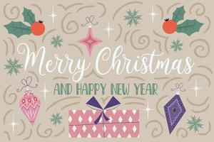Christmas background retro banner with text merry christmas and gifts with curls.Cover with stars, snowflakes, toys and holly. Festive congratulations. Vector illustration